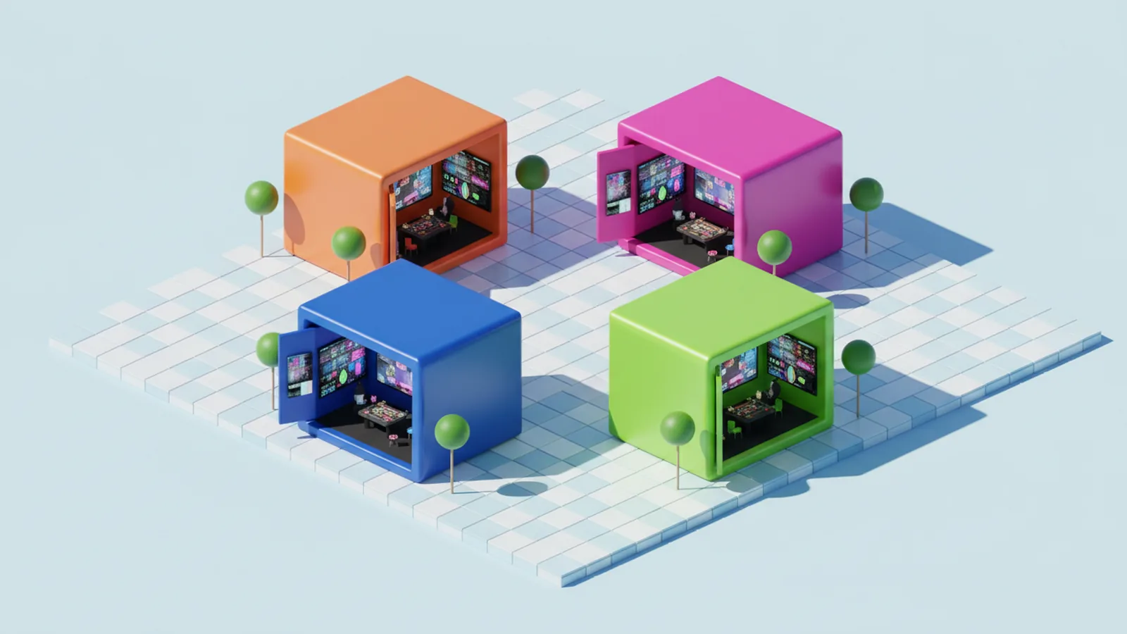 Four colourful cube buildings on a tiled square, each open at the front to show games inside